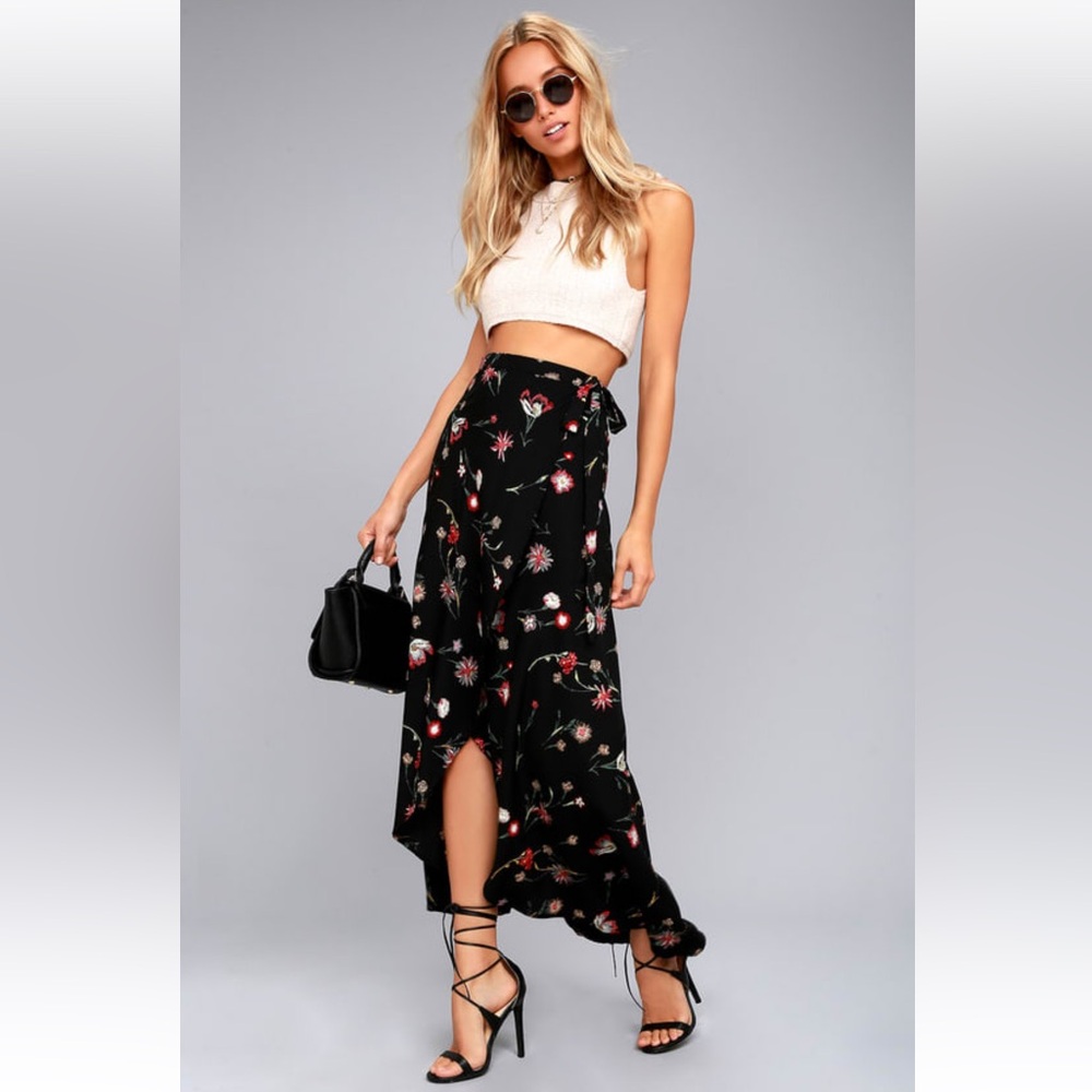 Lulu’s Marvelously Magical Black Floral Print Wrap Maxi Skirt